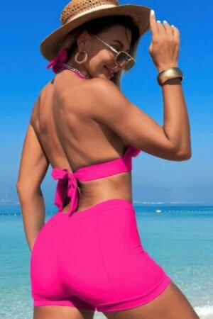 Two Pieces Solid Halter V Neck High Waist Swimsuit