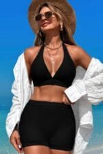 Two Pieces Solid Halter V Neck High Waist Swimsuit