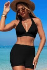 Two Pieces Solid Halter V Neck High Waist Swimsuit