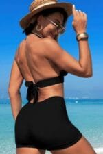 Two Pieces Solid Halter V Neck High Waist Swimsuit