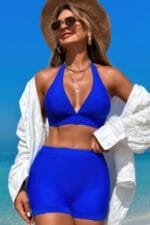 Two Pieces Solid Halter V Neck High Waist Swimsuit
