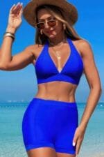 Two Pieces Solid Halter V Neck High Waist Swimsuit