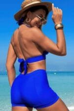 Two Pieces Solid Halter V Neck High Waist Swimsuit