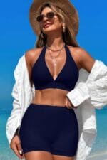 Two Pieces Solid Halter V Neck High Waist Swimsuit
