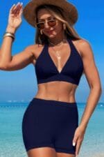 Two Pieces Solid Halter V Neck High Waist Swimsuit
