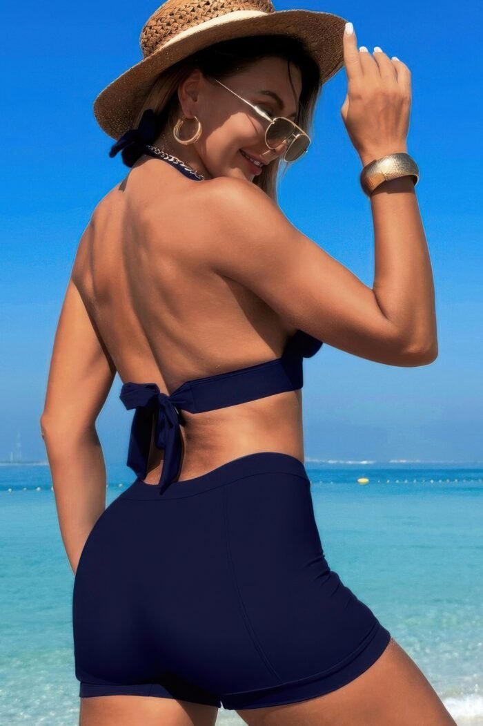 Two pieces solid halter v neck high waist swimsuit - image 12