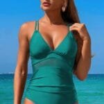 Solid Cross Back Knot Color Block Lace Swimsuit