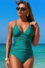 Solid Cross Back Knot Color Block Lace Swimsuit