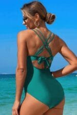 Solid Cross Back Knot Color Block Lace Swimsuit
