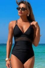 Solid Cross Back Knot Color Block Lace Swimsuit
