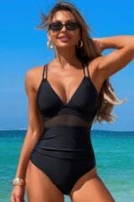 Solid Cross Back Knot Color Block Lace Swimsuit