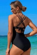 Solid Cross Back Knot Color Block Lace Swimsuit