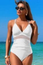 Solid Cross Back Knot Color Block Lace Swimsuit