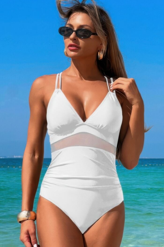 Solid cross back knot color block lace swimsuit - image 7