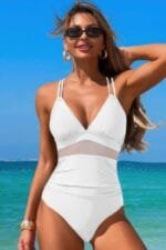 Solid Cross Back Knot Color Block Lace Swimsuit
