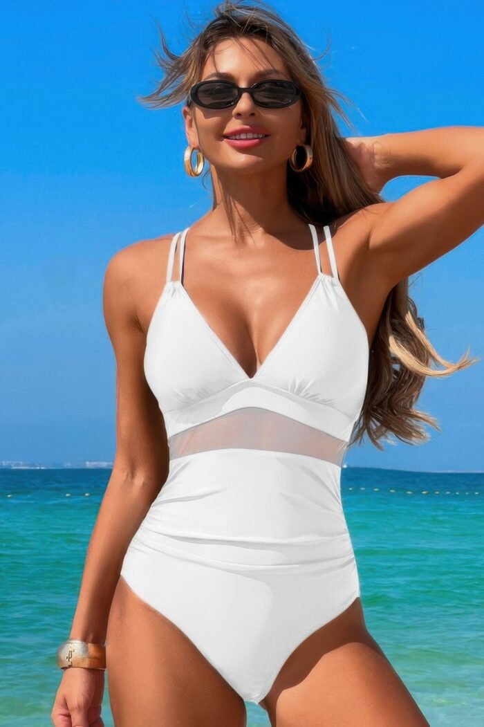 Solid cross back knot color block lace swimsuit - image 8