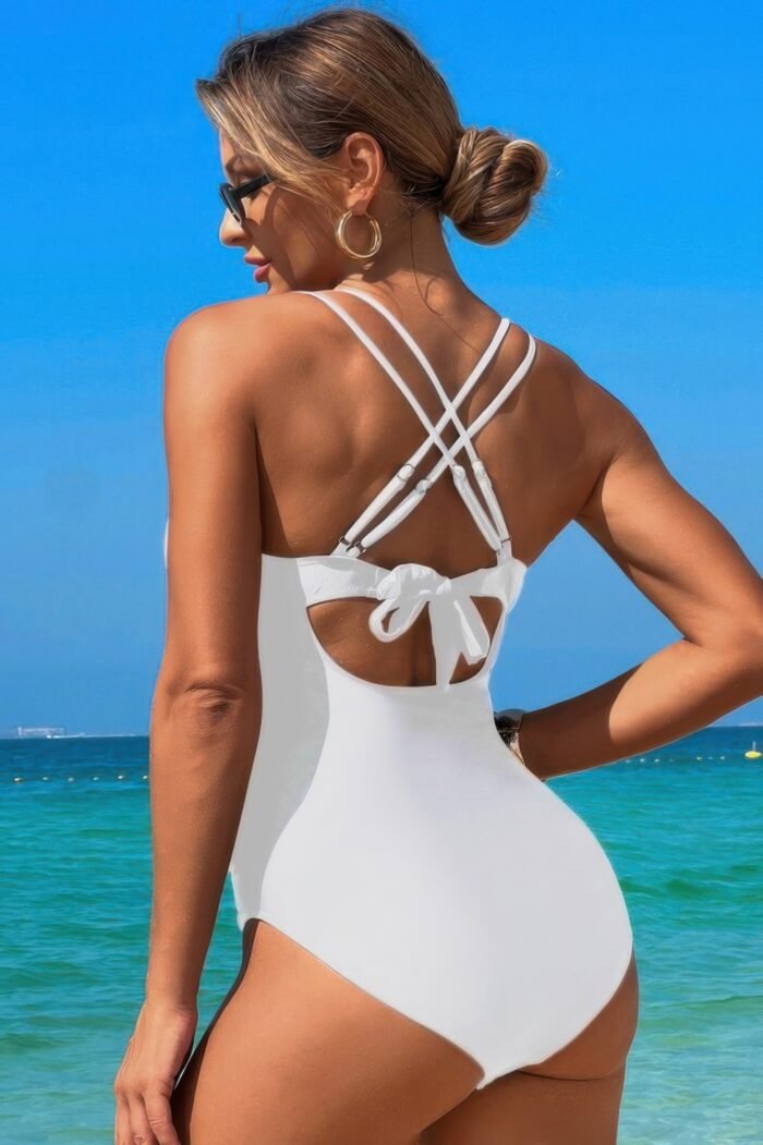 Solid cross back knot color block lace swimsuit - image 9