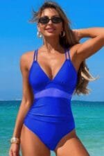 Solid Cross Back Knot Color Block Lace Swimsuit