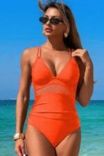 Solid Cross Back Knot Color Block Lace Swimsuit