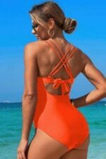 Solid Cross Back Knot Color Block Lace Swimsuit