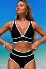 Two Pieces V Neck Bikini Brief Bottom Swimsuit