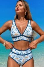 Two Pieces V Neck Bikini Brief Bottom Swimsuit