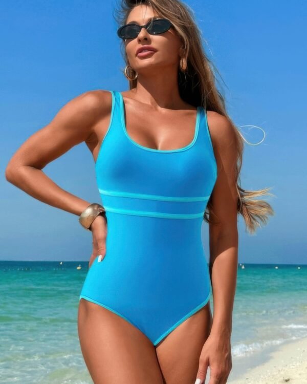 U Neck Contrast Trim Strip One Piece Swimsuit