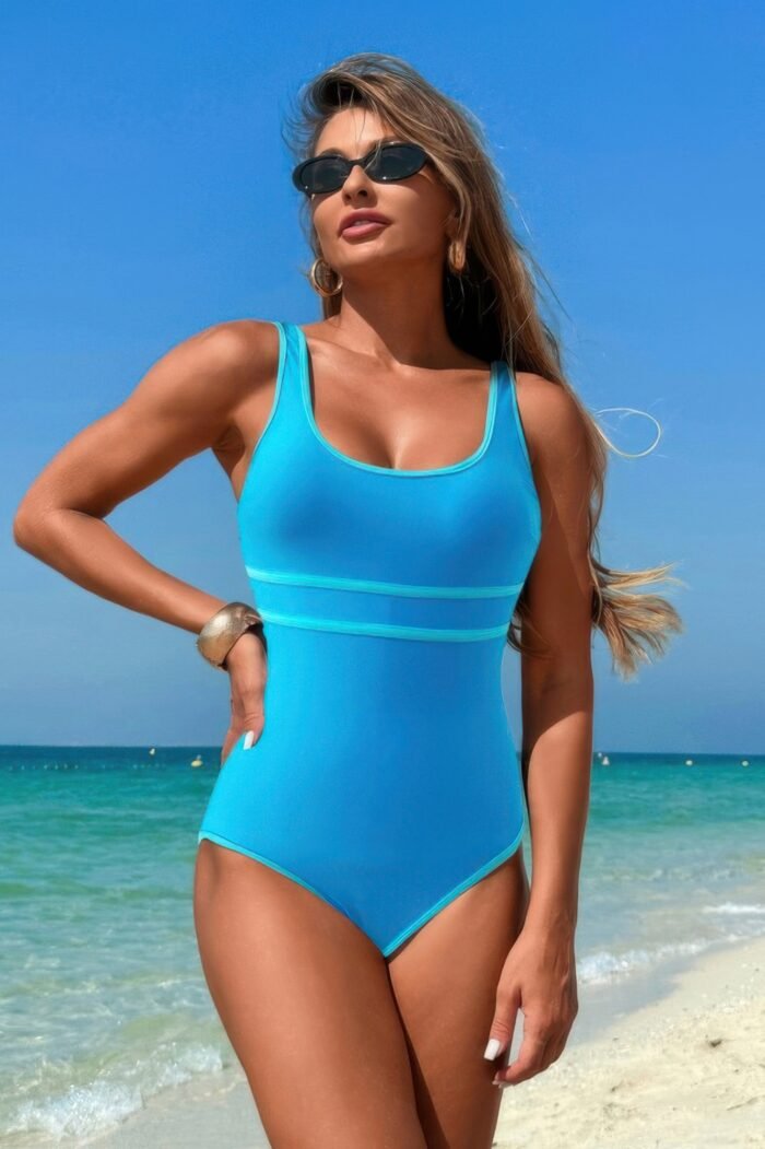 U neck contrast trim strip one piece swimsuit - image 1