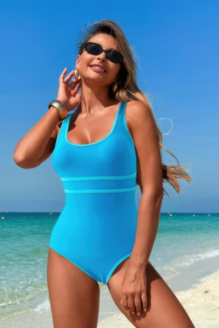 U neck contrast trim strip one piece swimsuit - image 2