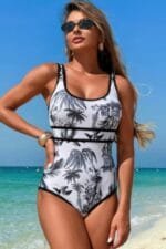 U Neck Contrast Trim Strip One Piece Swimsuit