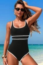 U Neck Contrast Trim Strip One Piece Swimsuit