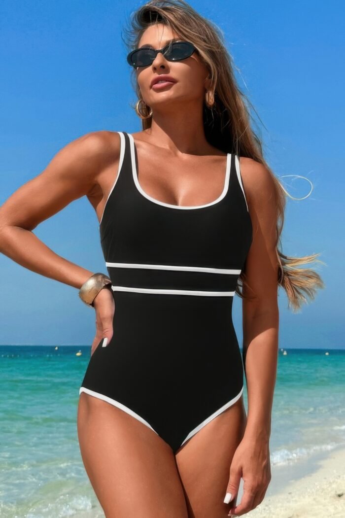 U neck contrast trim strip one piece swimsuit - image 8