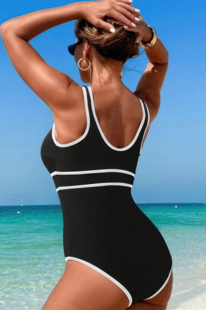 U neck contrast trim strip one piece swimsuit - image 9
