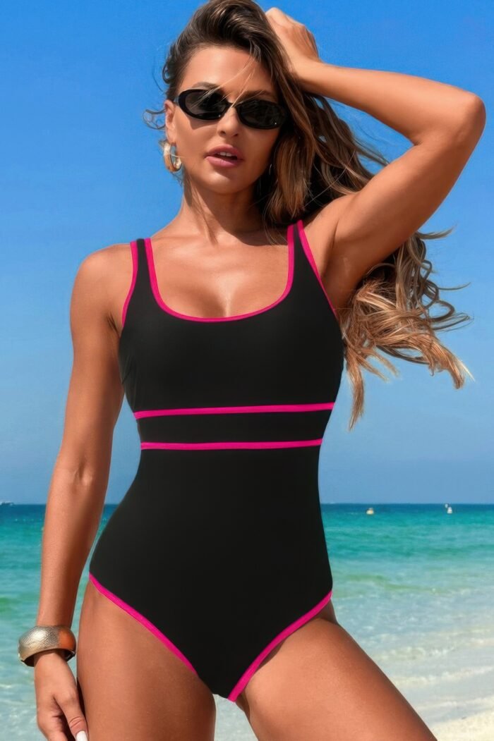U neck contrast trim strip one piece swimsuit - image 10