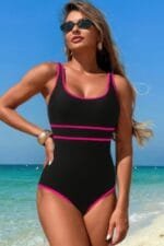 U Neck Contrast Trim Strip One Piece Swimsuit