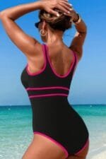 U Neck Contrast Trim Strip One Piece Swimsuit