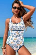 U Neck Contrast Trim Strip One Piece Swimsuit