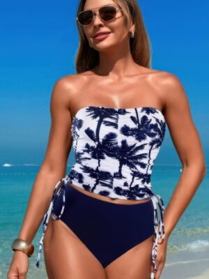 Strapless Ruche Drawstring Side Two Piece Swimsuit