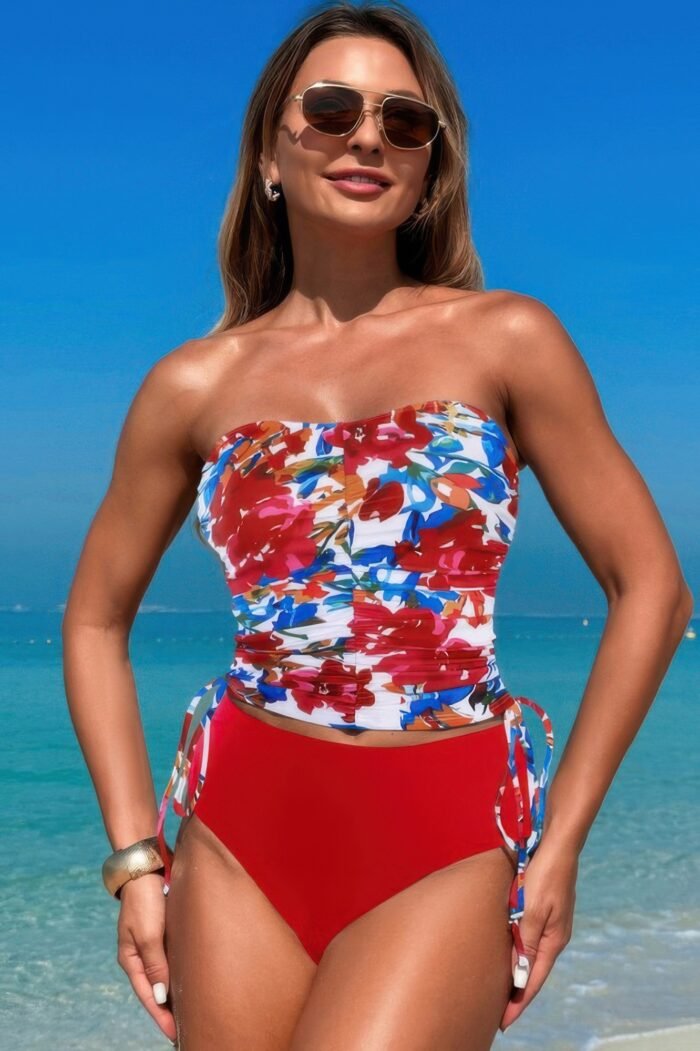 Strapless ruche drawstring side two piece swimsuit - image 14