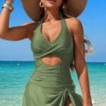 Halter Neck Twisted Tie Knot Front Dress Swimsuit