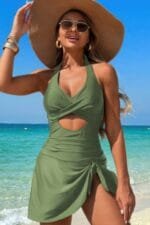 Halter Neck Twisted Tie Knot Front Dress Swimsuit