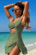Halter Neck Twisted Tie Knot Front Dress Swimsuit