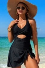 Halter Neck Twisted Tie Knot Front Dress Swimsuit