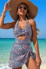 Halter Neck Twisted Tie Knot Front Dress Swimsuit