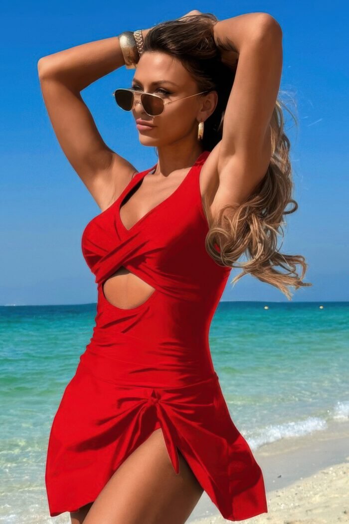 Halter neck twisted tie knot front dress swimsuit - image 14