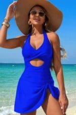 Halter Neck Twisted Tie Knot Front Dress Swimsuit