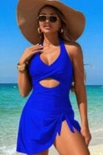 Halter Neck Twisted Tie Knot Front Dress Swimsuit