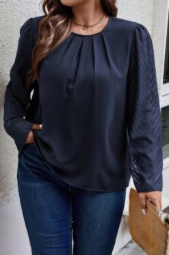 Plus Size O-Neck Navy Blue Long Sleeve Blouse – Elegant Casual Top