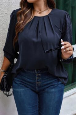 Plus Size O-Neck Navy Blue Long Sleeve Blouse – Elegant Casual Top