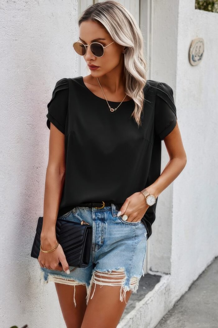 Round Neck Soild Loose Fit Puff Sleeves Blouse - Image 3